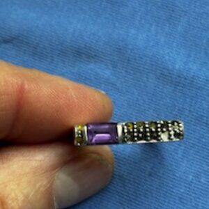 Sterling Silver ring with Amethyst Stone, wide silver smooth band